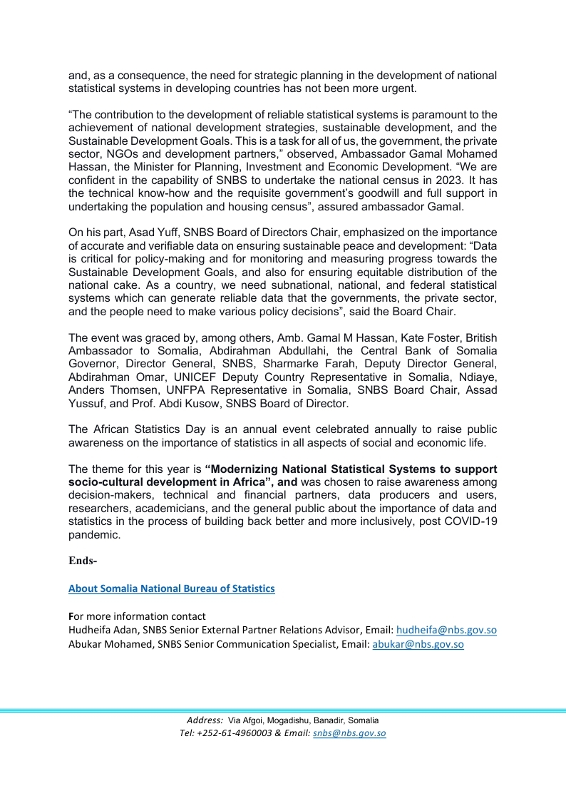 Somalia Marks the Inaugural African Statistics Day Celebration today. For more, see the Press Release