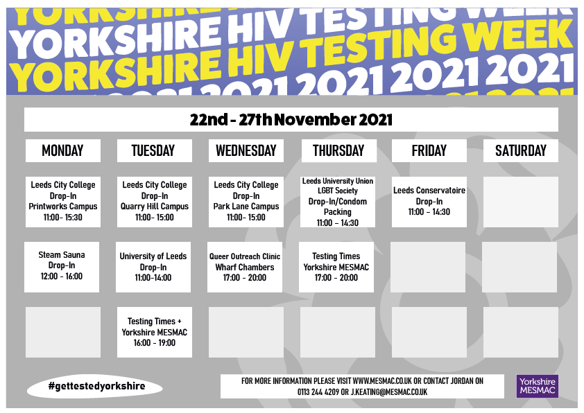 LeedsSexHealth's tweet photo. #YorkshireHIVTestingWeek is all next week, with drop-in events happening across Leeds for you to easily and conveniently access HIV testing. Check out the timetable below for details! #GetTestedYorkshire https://t.co/RY4cBBh4IG