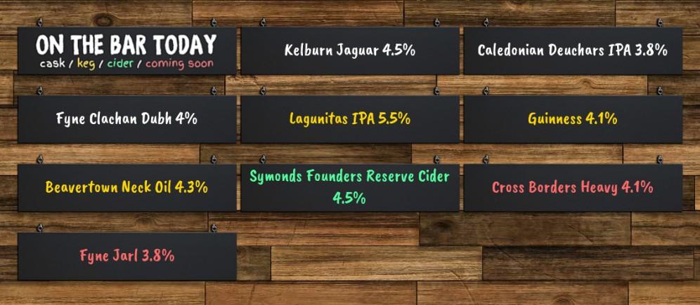 On the bar today!
Beer Board: goo.gl/RF4Dvv

<a href="/kelburnbrewery/">Kelburn Brewery</a> <a href="/caledonianbeer/">Caledonian Beer</a> <a href="/FyneAles/">Fyne Ales</a> <a href="/lagunitasbeer/">LAGUNITAS BREWING CO</a> <a href="/GuinnessGB/">Guinness GB</a> <a href="/BeavertownBeer/">Beavertown Brewery</a> <a href="/CAMRA_Edinburgh/">Edinburgh CAMRA</a>
#RealAleFinder