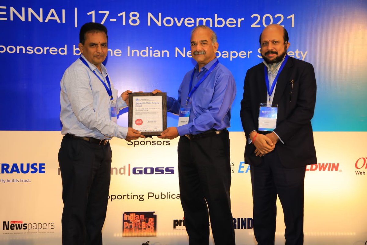 rsrini_prod's tweet photo. Receiving award certificate of  Wanifra ISO - 12647-3 for product and process international standard best quality print for Mmcl Hubli plant from Mr. K n shanth kumar, director on board, wan-ifra https://t.co/2iIaH8bAR5