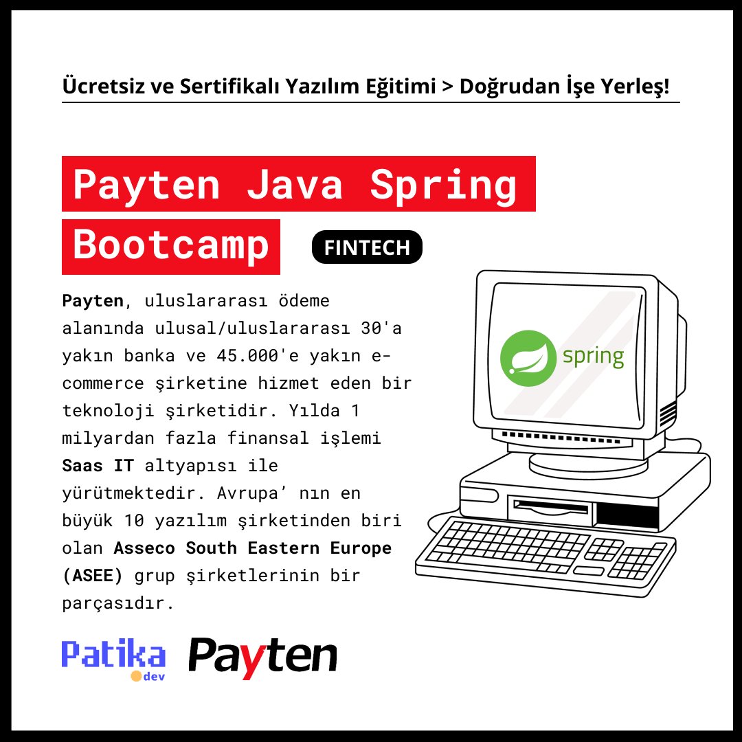 patika_dev's tweet image. Payten Java Spring Bootcamp başvuruları devam ediyor!🔥
Bootcamp'in sonunda, Asseco grup bünyesindeki Payten' de kariyerine başlama imkanını yakala!
Son Başvuru: 22 Kasım
Link👉 : patika.dev/programlar/pay…
#java #javaspring #online #bootcamp #coding #career