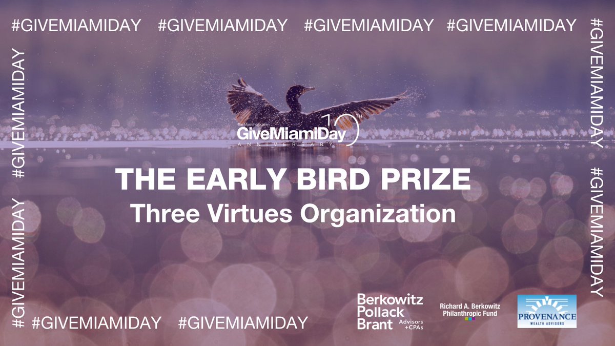 MiamiFoundation's tweet photo. We've had many early birds this year for #GiveMiamiDay, and we are happy to announce that the winner of this prize is the amazing @threevirtues1 ! Learn more about this organization here: https://t.co/AvnYwput5r https://t.co/sMFo8Xtlra