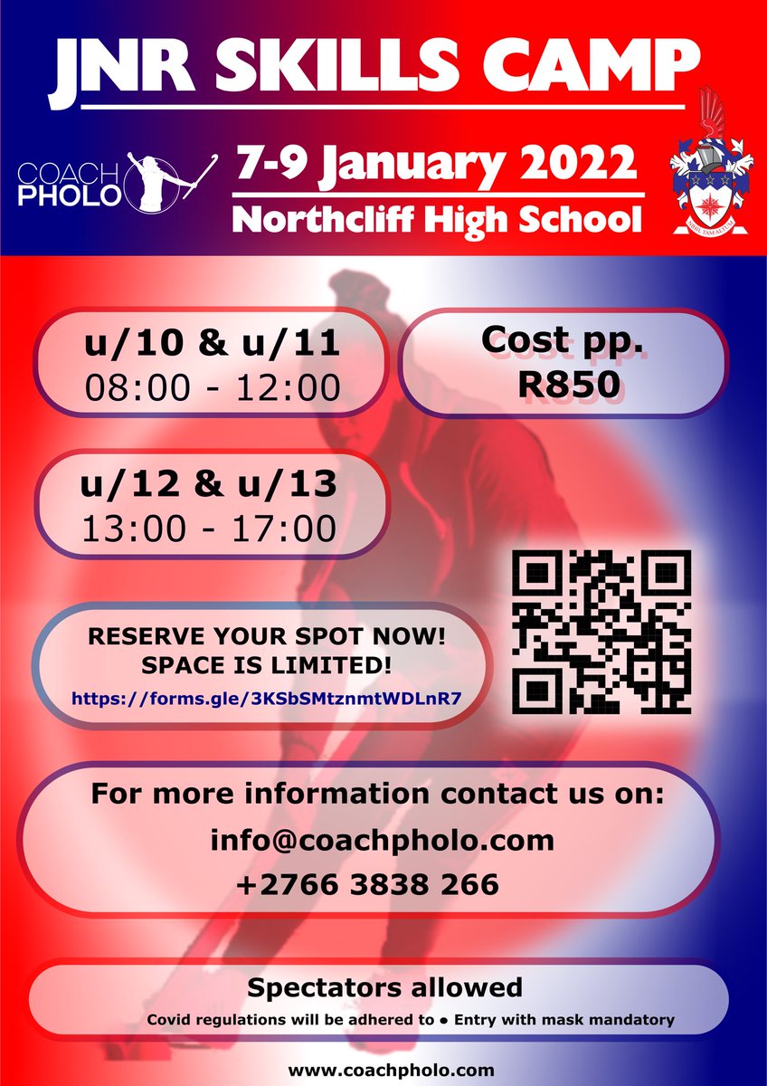 The <a href="/coachpholo/">Tsoanelo Pholo OLY</a> Hockey #JnrSkillsCamp will take place at Northcliff high School.

Scan the QR code or go to the link in the bio… alternatively, you can call or email our office to be a part of this exciting camp!

CAN’T WAIT TO SEE YOU THERE! 

forms.gle/3KSbSMtznmtWDL…