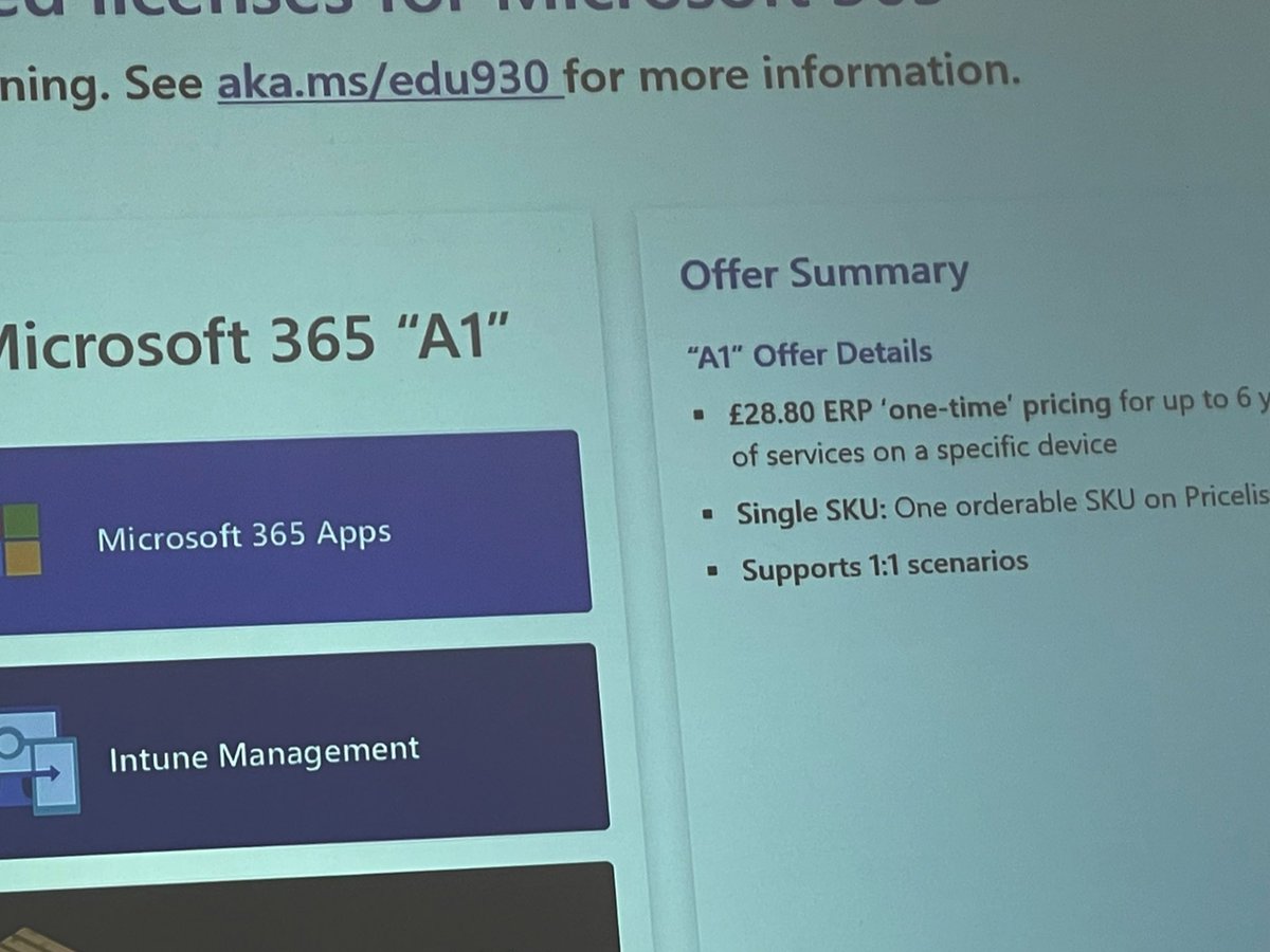 deanbates's tweet image. Microsoft 365 “A1” for education, £29 for up to 6 years #edtechsummit21