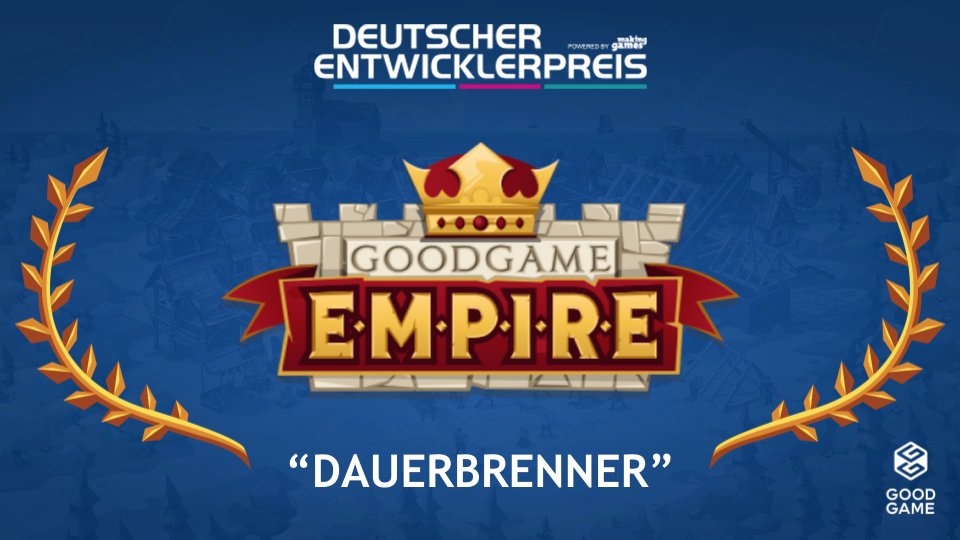 Goodgamestudios's tweet photo. At @Goodgamestudios we are very proud that @GGEmpire has been nominated for the German Developer Award 2021 (@entwicklerpreis) in the category "Dauerbrenner" (Longtime Favorite).  

#GoodgameStudios #GGEmpire #DEP2021 #Award #Nomination https://t.co/PXpDJPUiZO