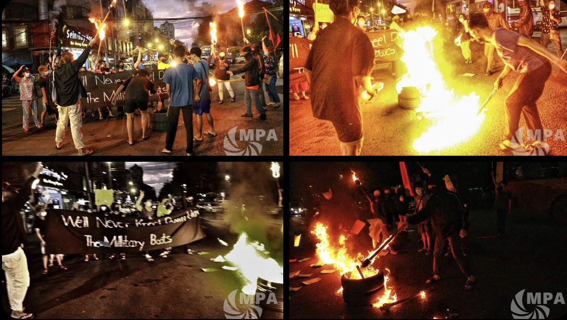 Valiant and bold civilians of Yangon protested against military dictatorship by using Flashmob tactics to avoid bullets, on Sule road.  LEGALIZATION OF NUG  #Nov18Coup #WhatsHappeningInMyanmar