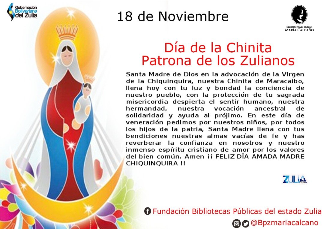 Hoy 18 de noviembre es el Día de la Chinita Patrona de los Zulianos.
@nicolasmaduro @omarprietogob <a href="/jesicalucena/">jesica lucena</a> @gbzuliacultura @damelischavez @portillonegrette <a href="/casiandrade/">Casilda Carolina</a> <a href="/rixioromero/">rixio romero</a> #SomosBPZ #MariaCalcañoVaALaCasa #ZuliaMía #FuturoSeguro #GBZulia