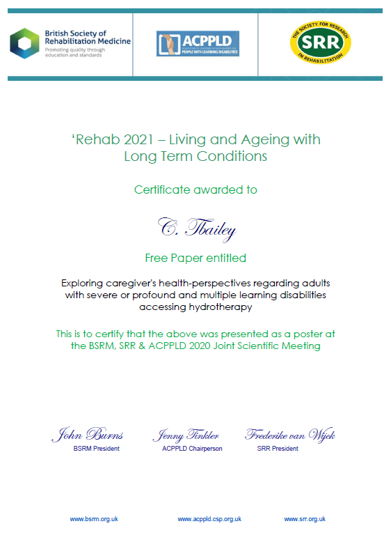 SPLASHstudy's tweet photo. Lovely to receive certificates for our @SPLASHstudy  presentation and posters at #RehabConf2021 &amp; #Physio21 There's still time to register for our free Zoom talk next week - email ctbaily@bournemouth.ac.uk for the link! https://t.co/aaxb9Q4txm