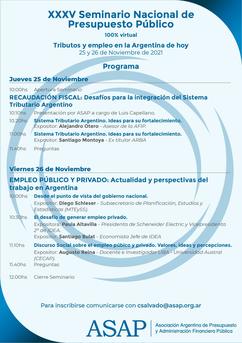 asap_arg's tweet photo. Como todos los años la ASAP celebra la realización de un nuevo Seminario Anual, los días 25 y 26 de noviembre del corriente año (vía web por plataforma Zoom).
Consultas a csalvado@asap.org.ar https://t.co/6JkoVXRhMO