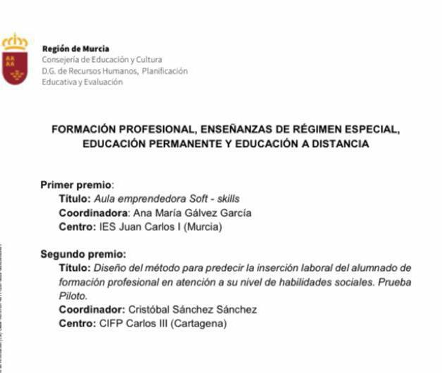 esfranhernandez's tweet photo. Reconocimiento con el 2º Premio en los proyectos de innovación de la DGFP e Innovación: https://t.co/b5Ano4dqw3 Enhorabuena a los docentes implicados del @cifpcarlos3 @Educarm @CPRRegionMurcia #FP #FormacionPasional #SoftSkills @UMU @leroymerlin_es https://t.co/VGeCec8T8Z