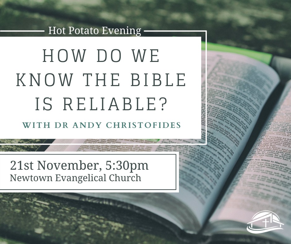 NewtownChurch's tweet photo. ⭐THIS SUNDAY!⭐

We're all seeking something to put our hope in. The Bible claims to offer genuine, certain hope- but how do we know we can trust the Bible?!🤔

Join us at 5:30pm on Sunday as Dr Andy Christofides helps us look at the reliability of the Bible.

#HotPotatoEvening https://t.co/Er74iW08jy