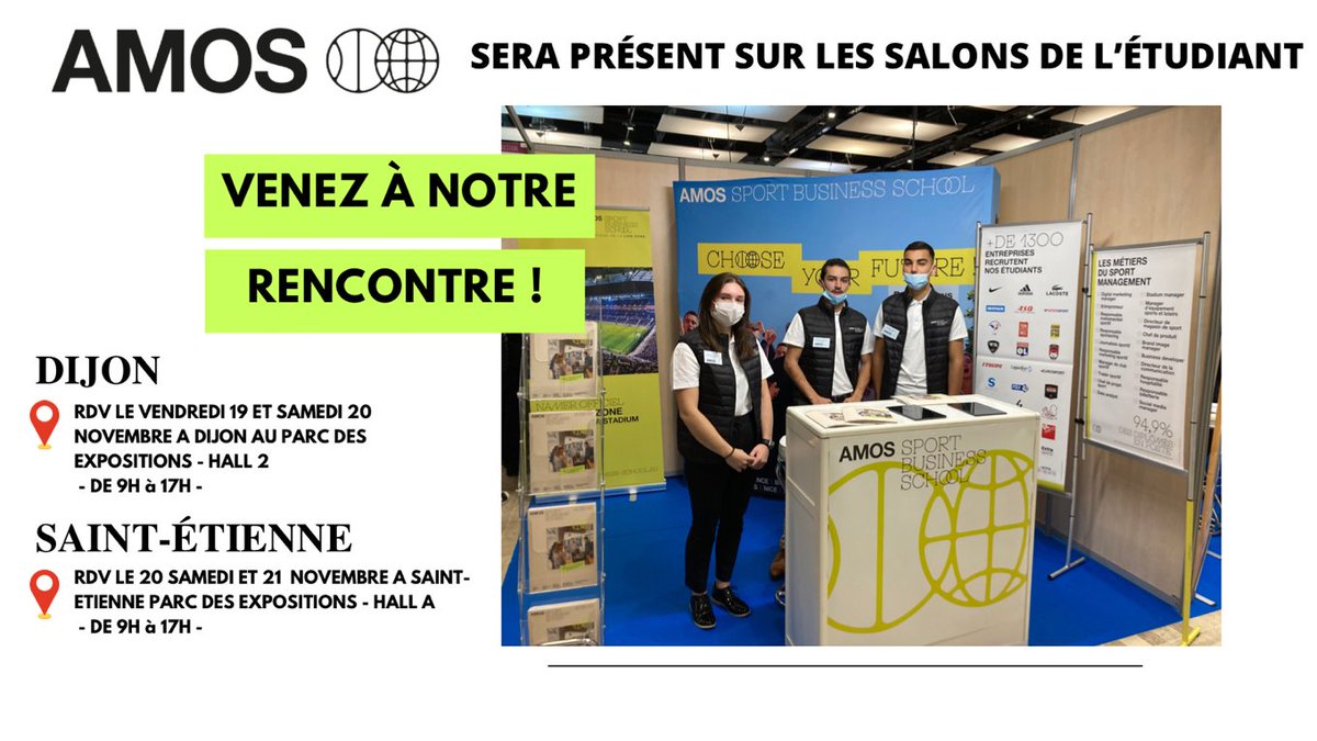 Venez rencontrer nos AMOSciens et découvrir nos formations dès demain sur le salon de Dijon <a href="/studyrama/">Studyrama</a>  jusqu'à samedi 17h et samedi et dimanche sur le salon de Saint Etienne <a href="/letudiantsalon/">L'Etudiant Salons</a>  #sportmanagement #Passion