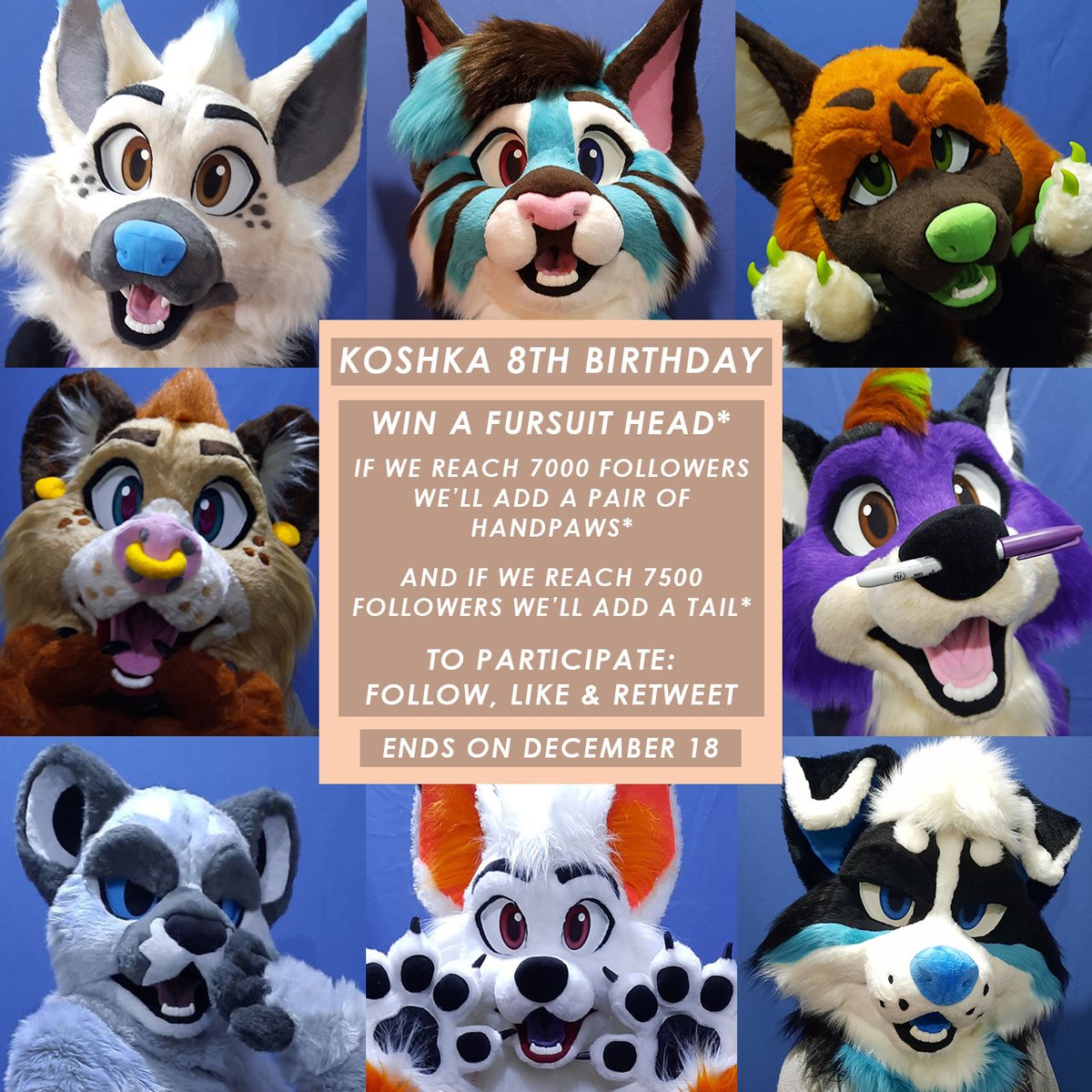 In a month it'll be our birthday 🎉🥳🎉
So we're going to raffle a a custom head but this time you can also win a ✨mini partial✨

*A pair of simple handpaws without claws
*And a tail up to 50cm

Anyone can participate! Info below ⬇️⬇️⬇️