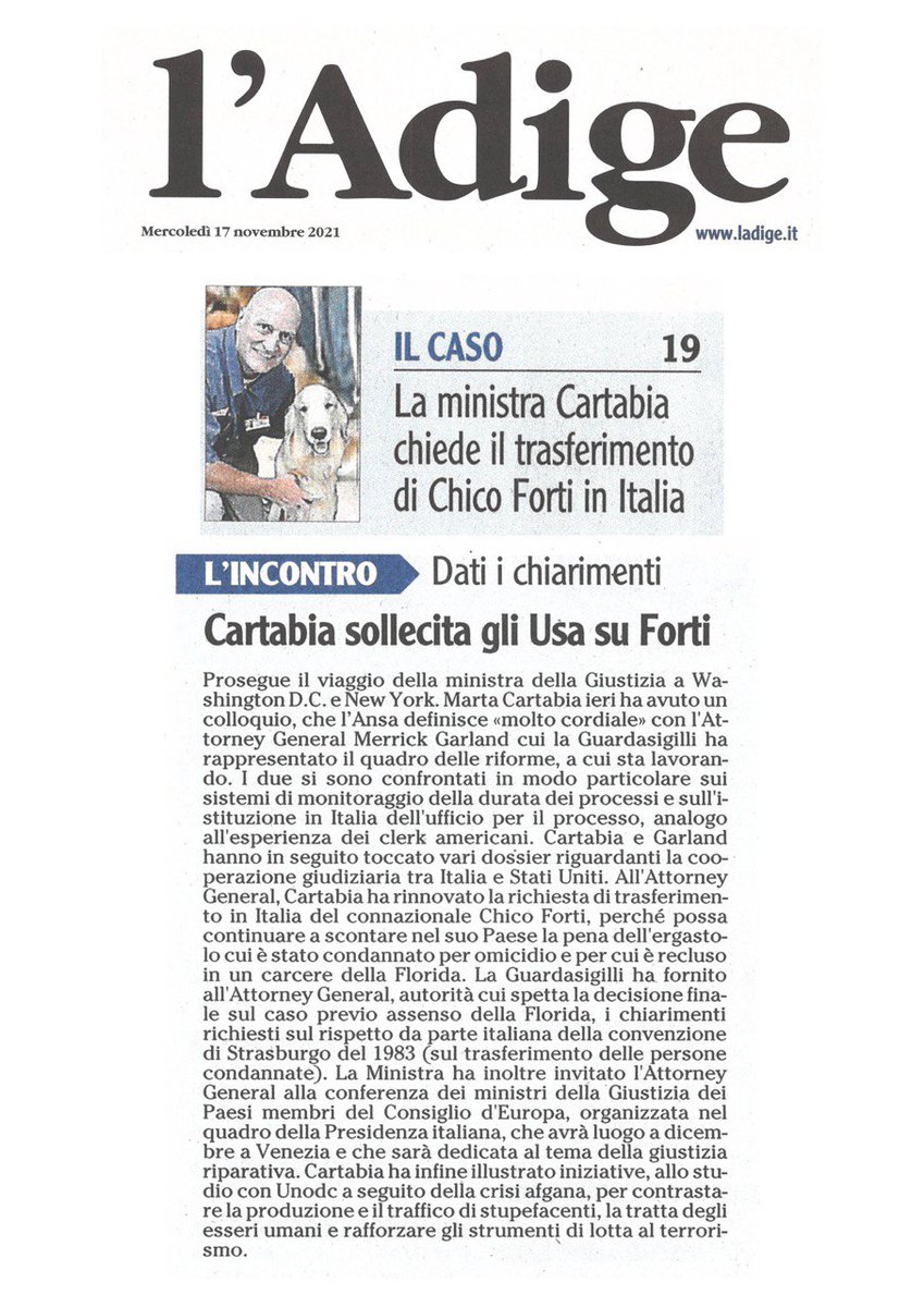 FreeChicoForti's tweet photo. L'Adige 17.11.2021 

#chicofortifree #chicoforti #freechicoforti 
#ladige 
 #martacartabia #cartabia #USA https://t.co/anQ2PA2VSJ