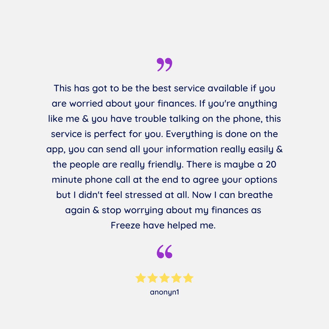 FREEZE_debt's tweet photo. Amazing, heart-warming reviews from our users! We love hearing how we have helped people take their first step into becoming debt-free!👏 https://t.co/oAuCUhBMRY
