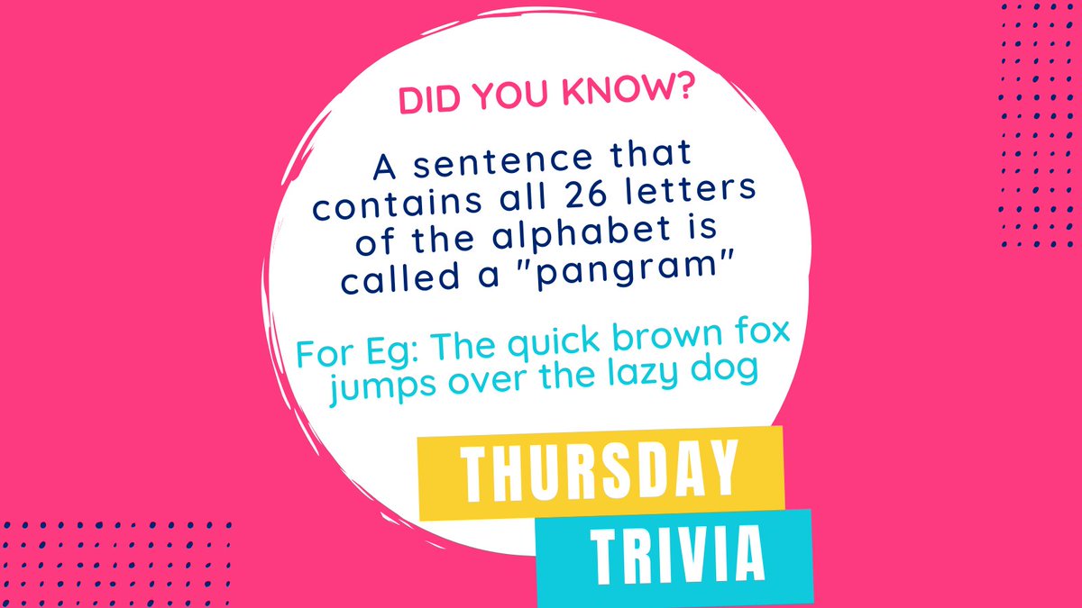 LearnFromNative's tweet photo. Time for #thursdaytrivia
Do you know what 'Pangram' is?
Let's learn with the help of an example

#learnfromnative #pangram #thursdaytrivia #englishlanguage #learnenglishonline https://t.co/THciTDmpxs