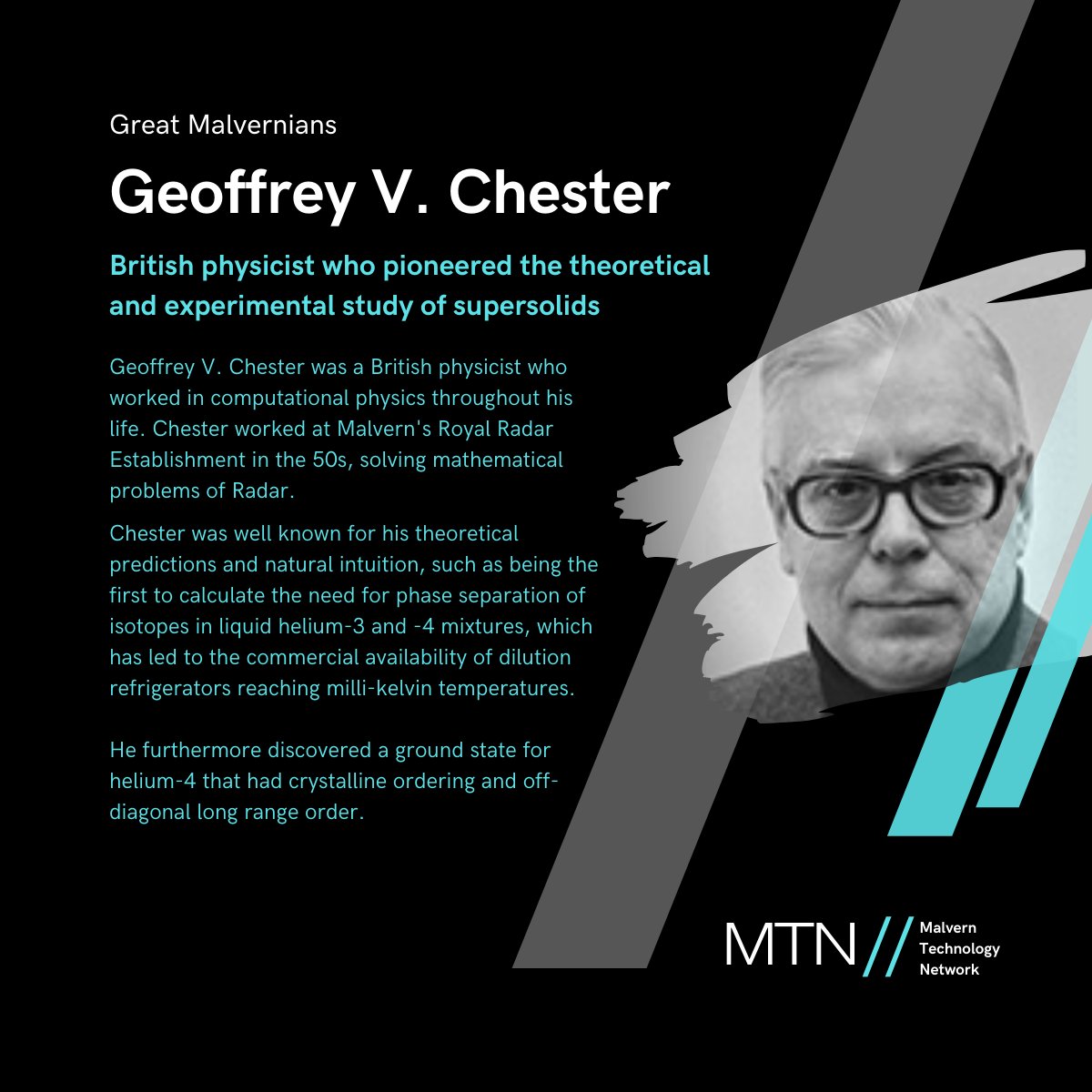 We continue our journey of celebrating the pioneers of Malvern's science &amp; tech community. 

Geoffrey Chester was a brilliant physicist who contributed many innovative ideas that changed the way we look at theoretical &amp; experimental analysis

#greatmalvern #malverntech #inspiring