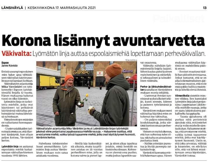 LyomatonLinja's tweet photo. Korona lisännyt avuntarvetta. Lyömätön linja auttaa espoolaismiehiä lopettamaan perheväkivallan. Länsiväylä 17.11.2021. #väkivallattomuus #LyomatonLinjaEspoossa https://t.co/x3VdmT774F