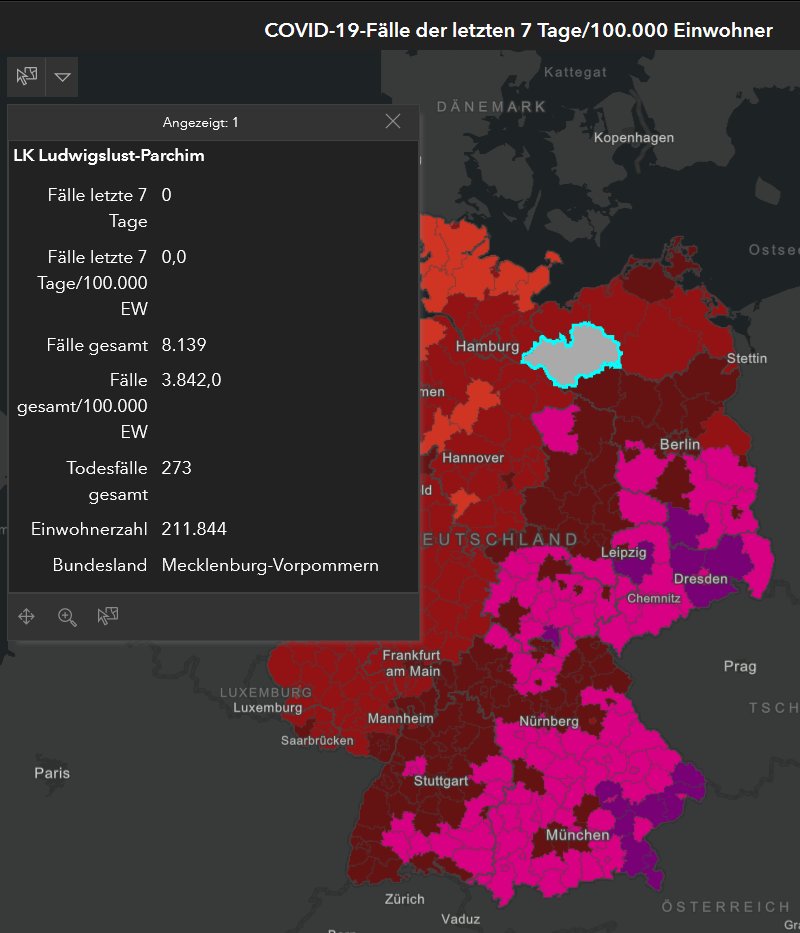 COVID-19 map for Germany looks pretty bad. 
Except for Ludwigslust-Parchim.
It was hit by ransomware.