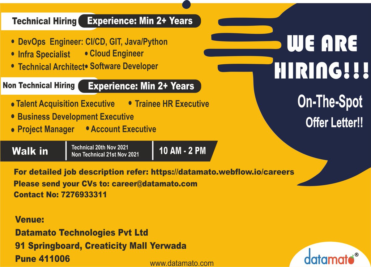 Datamato's tweet photo. It's an opportunity just ahead!!!
Walk-In Drive for Technical and Non-Technical domains on 20th and 21st November.
Apply today by sharing your resume at career@datamato.com
#walkindrive #walkin #interview #hiring #job #jobopenings #datamato https://t.co/cQ86KxZqtg