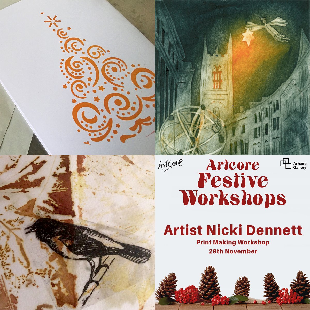 Join artist <a href="/nickisprints/">Nicki Dennett</a> for a special printmaking workshop at <a href="/ArtcoreGallery7/">Artcore Gallery</a> ! Make a beautiful set of Christmas Card using a range of print techniques. Book your place link in bio 🔗 #printmaking #festive #christmas #printmakingworkshop #artsderbyshire