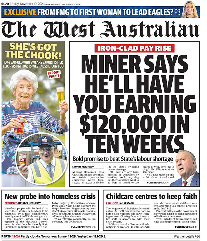 westaustralian's tweet photo. The front page of Friday's The West Australian. https://t.co/GWXviSutE6