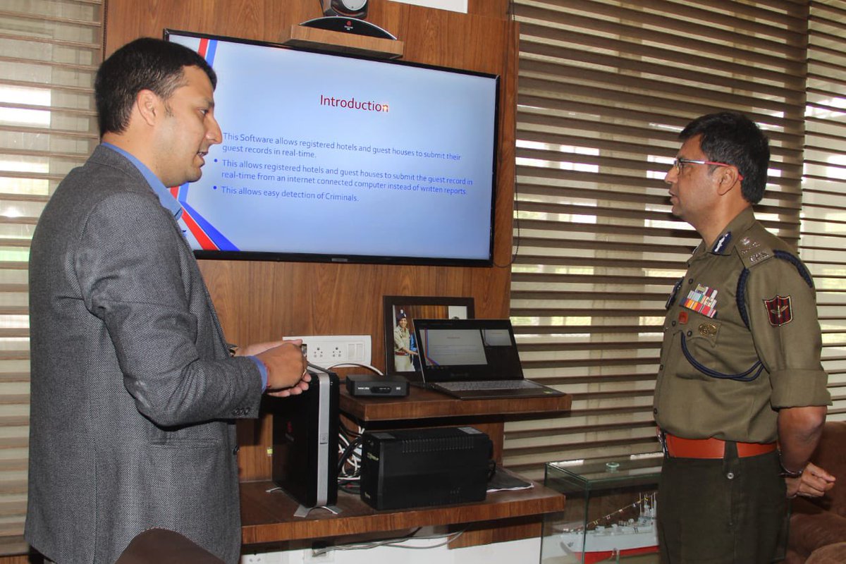 ZPHQJammu's tweet photo. ADGP @mukesh_ips_jk  launched two Apps Tenant Sarthi App &amp; Portal &amp; Hotel Guest Registration App an initiative by @Dis_Pol_Jammu .Main feature of Hotel Guest Regd. App is that it allows registered hotels &amp; guest houses to submit the guest record in real-time to the Distt.Police. https://t.co/n7rC3A3CNm