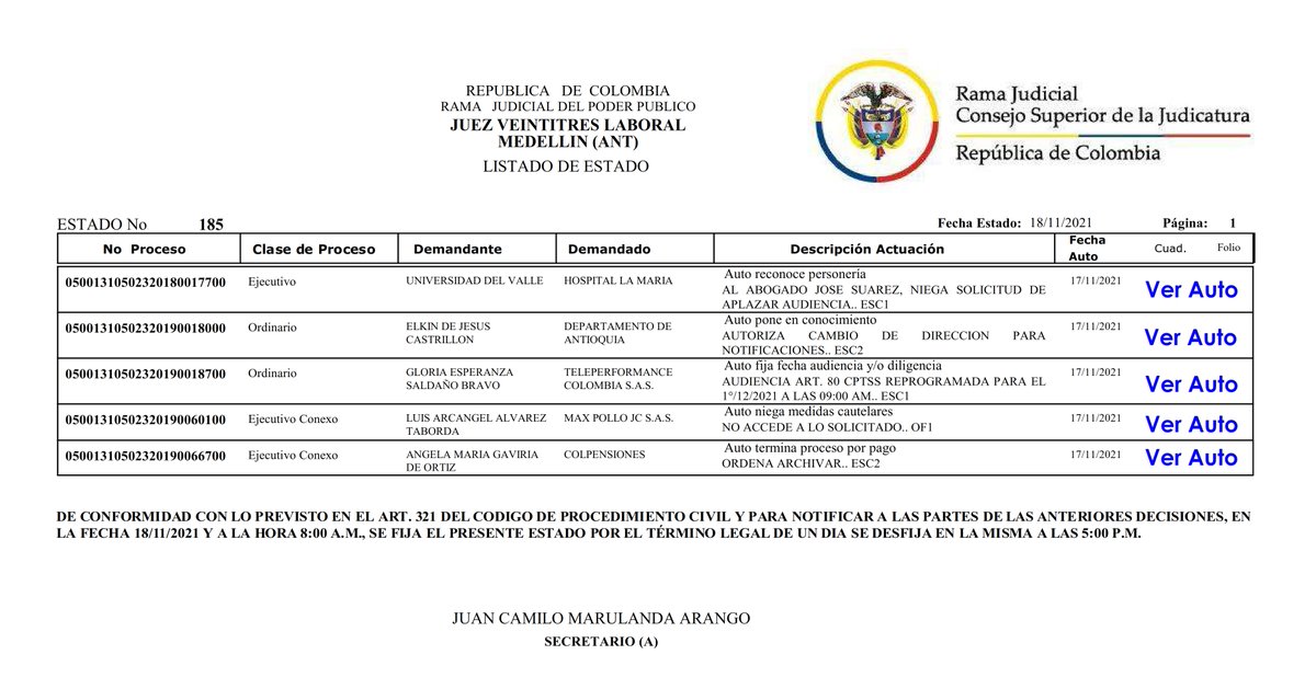 j23labmed's tweet photo. Estados No. 185 del 18 de noviembre del 2021. Míralos🧐 completos en la 🌐pagina web del juzgado 

https://t.co/nTcUAdkvjw https://t.co/KXXDtmrPGG