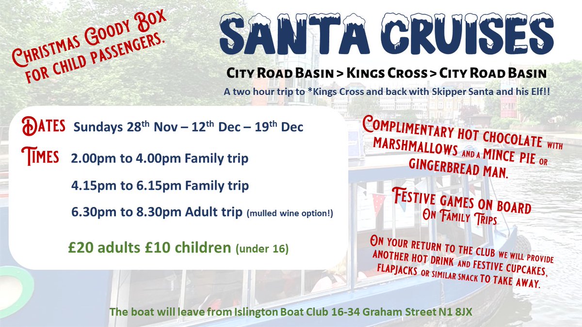 IslingtonBoatCl's tweet photo. Join us for a Santa Cruise along Regents Canal to King's Cross where you can see the Christmas lights and enjoy a hot chocolate and a mince pie.
Vegan options available :)
Nov 28th cruises available - BOOK NOW to avoid disappointment https://t.co/mU7eH0lwQZ https://t.co/2vwvlsMmVh