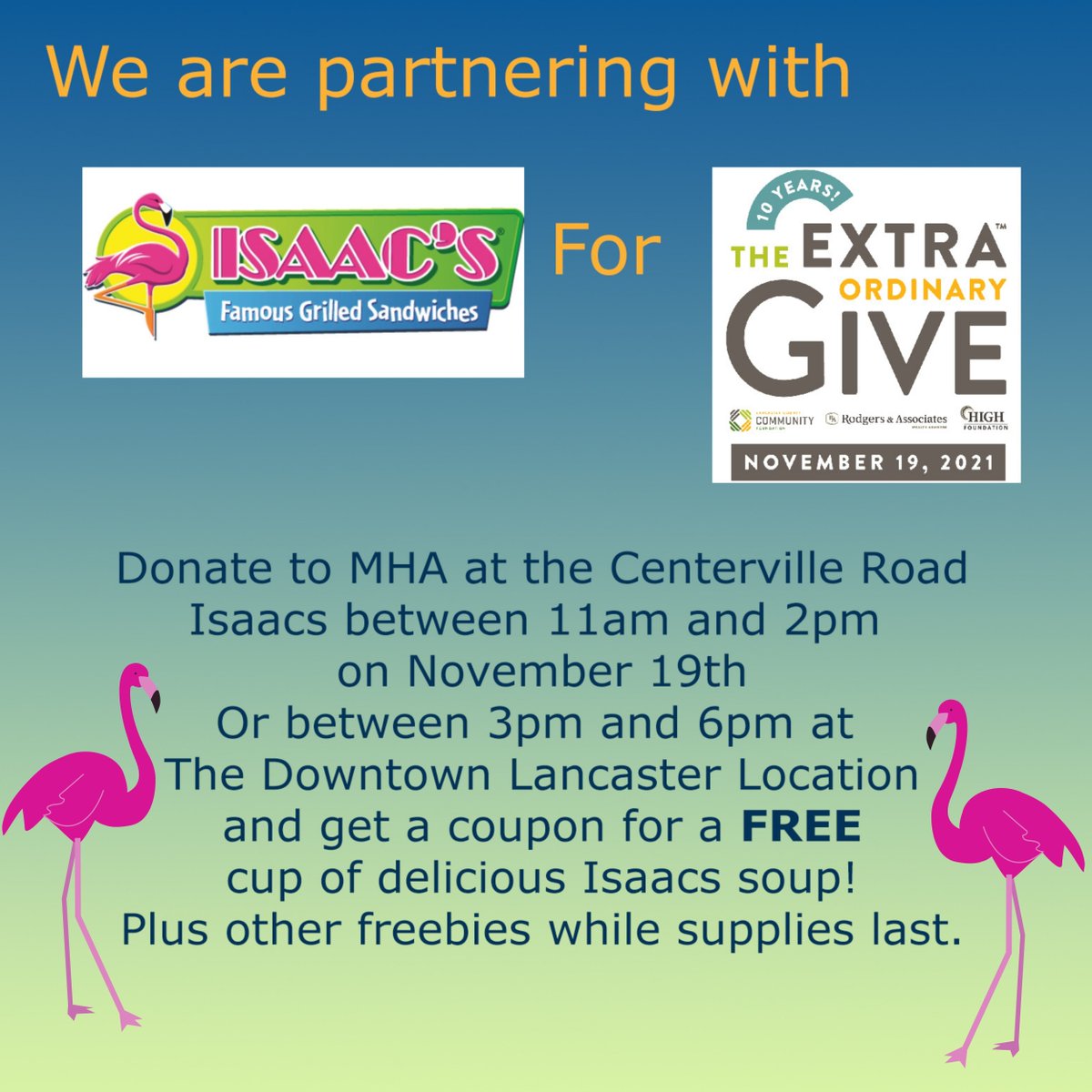 Join us tomorrow at Isaac's Restaurants  on Centerville Road between 11 and 2- and again from 3-6 at the Downtown Lancaster location!  Make a donation and receive a free soup! 

#donate #IGiveExtra #ExtraGive2021 #lancasterpa