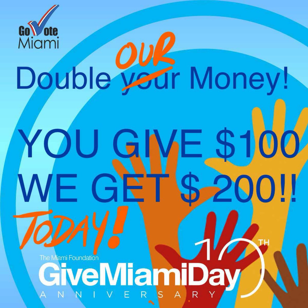 GoVoteMiami's tweet photo. In our business MORE IS MORE! Today, DOUBLE your donation and our POWER to do more. Every donation is doubled today (up to $1500). MAKE IT COUNT. Please give liberally 💪#miamivotes #vote #doubleyourmoney #givemiamiday2021 https://t.co/tQX8Iaz2kS