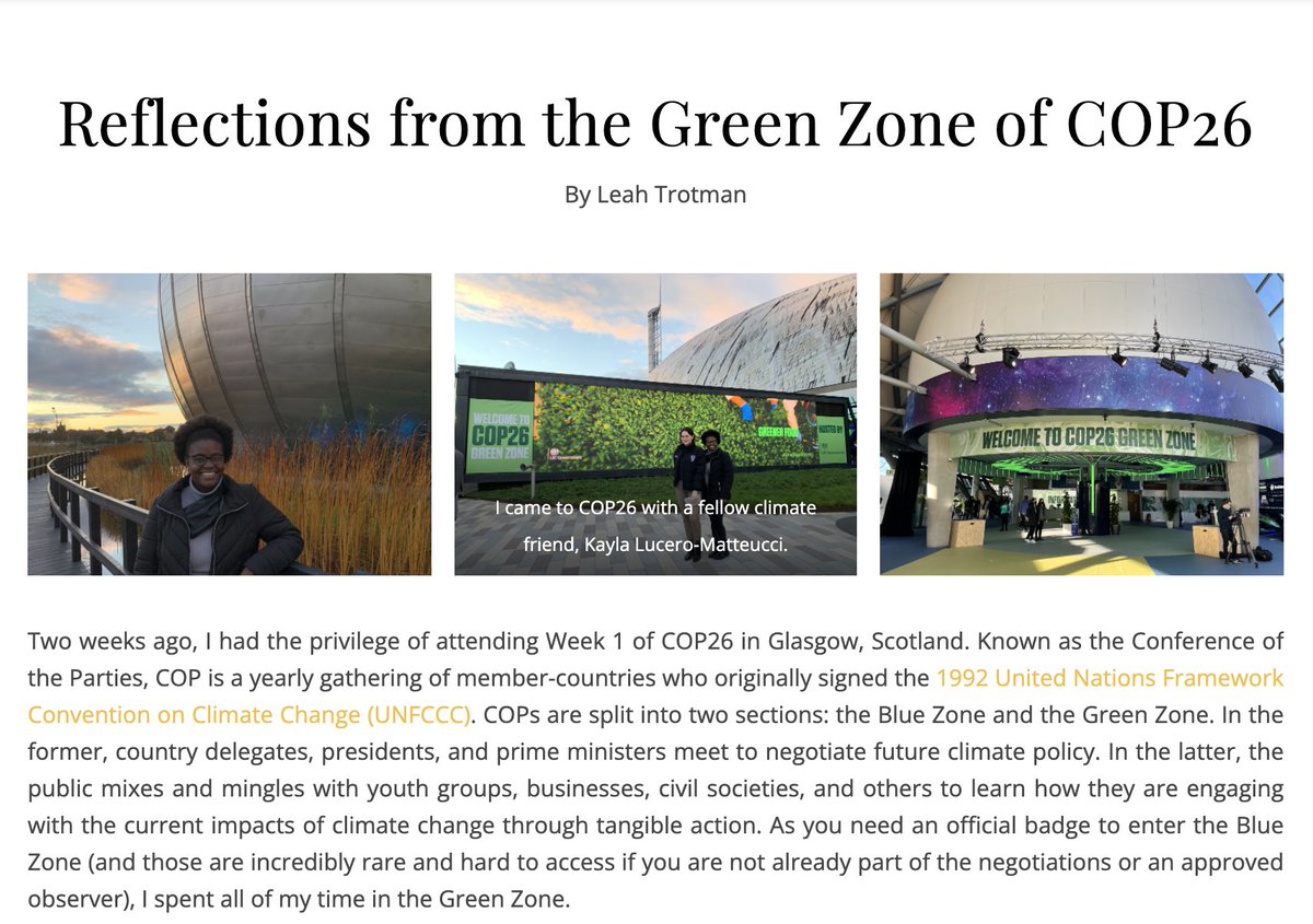 LeahTrotman's tweet photo. Excited to share my *first* blog! Written after Week 1 of #COP26, I share why the conference was so personal to me as a #VirginIslander, my general frustrations with the outcome, and my hopes for the future. Thank you @agnesscott for the opportunity!
https://t.co/oBVhTT0NE5 https://t.co/QJaoXUwgsE