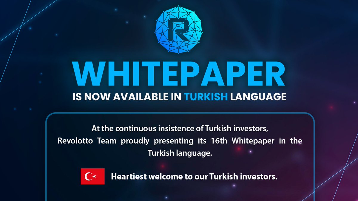 Revolotto's tweet photo. At the continuous insistence of Turkish investors, 
Revolotto Team proudly presenting its 16th Whitepaper in the Turkish language. 

🇹🇷 Heartiest welcome to our Turkish investors.

👑HOLD is GOLD👑

📄Read WP
https://t.co/E99OZvMqBz

#Revolotto #Bitcoin #BTC #Binance #Turkey https://t.co/tB0nEawiL3