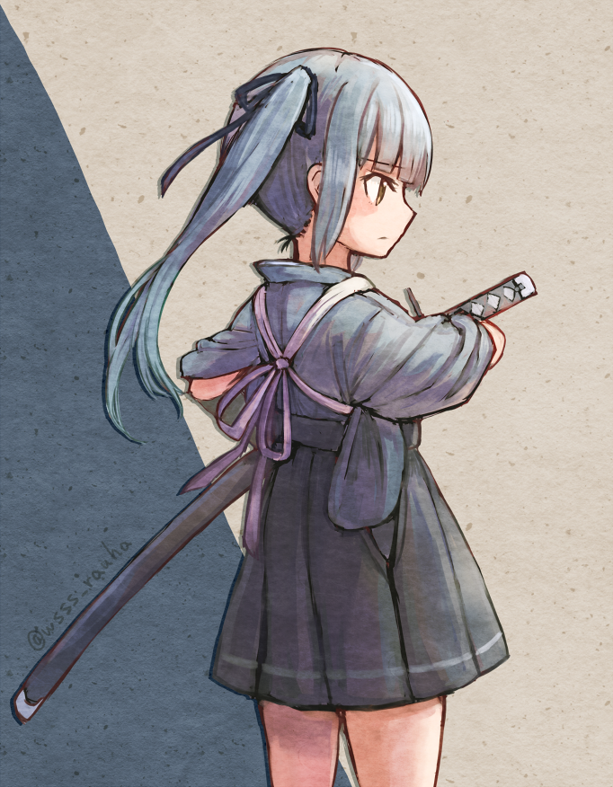 kasumi (kancolle) 1girl solo japanese clothes long hair sword weapon side ponytail  illustration images