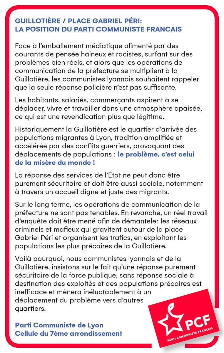 LyonPcf's tweet photo. Communiqué de la cellule locale du #PCF :
Ou comme le dit @Lyonmag "Les Rouges lyonnais affirment :..." 🤣
#Guillotière #Lyon #PlaceduPont #GabrielPéri
⤵️ https://t.co/84tEDjM8ZN