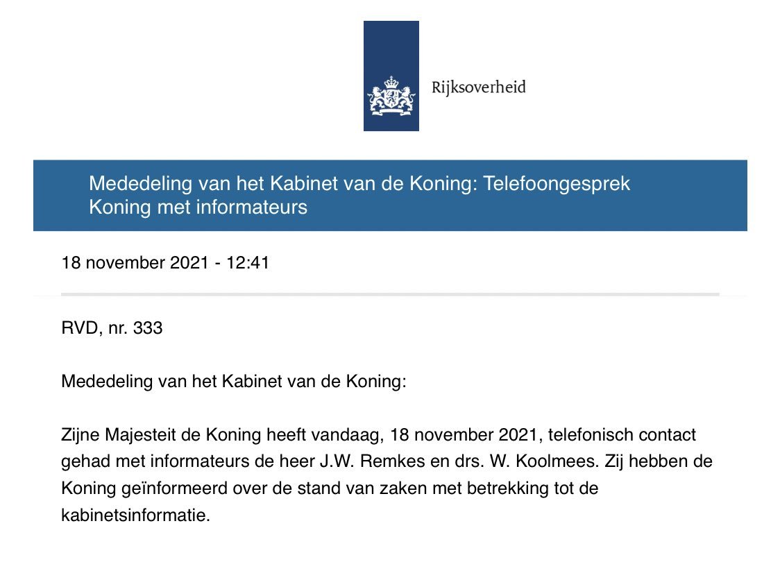 huh wat?
De Koning speelt formeel geen rol meer in de formatie, maar wordt wel geinformeerd
De Kamer heeft de leiding in de formatie maar de formerende partijen (VVD, D66, CDA, CU) blokkeren een verzoek van de opposite om de informateurs de Kamer te laten informeren!