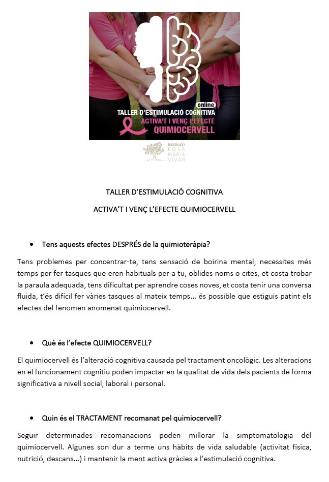HospitalReus's tweet photo. Taller virtual ✍️ d’estimulació cognitiva "ACTIVA’T I VENÇ L’EFECTE QUIMIOCERVELL", de la Fundació Rosa Maria Vivar, adreçat a pacients afectats de deteriorament cognitiu postquimioteràpia.

📆 Dilluns i dijous de 16 a 17.30 h 
👉 Informa’t i inscriu-te a https://t.co/PgdPon8zyr https://t.co/Yf66t0tQUt