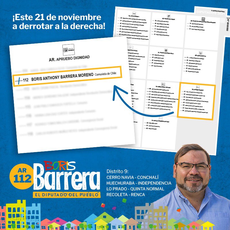 boris_barrera's tweet photo. Este 21 de noviembre, derrotemos a la derecha y avancemos hacia el Chile Digno que el país exige.
#borisbarreraeldiputadodelpueblo
#distrito9
#AR112
#apruebodignidad
#boricpresidente
#renca #recoleta #cerronavia #quintanormal #loprado #conchali #independencia #huechuraba https://t.co/YTwwvamOfc