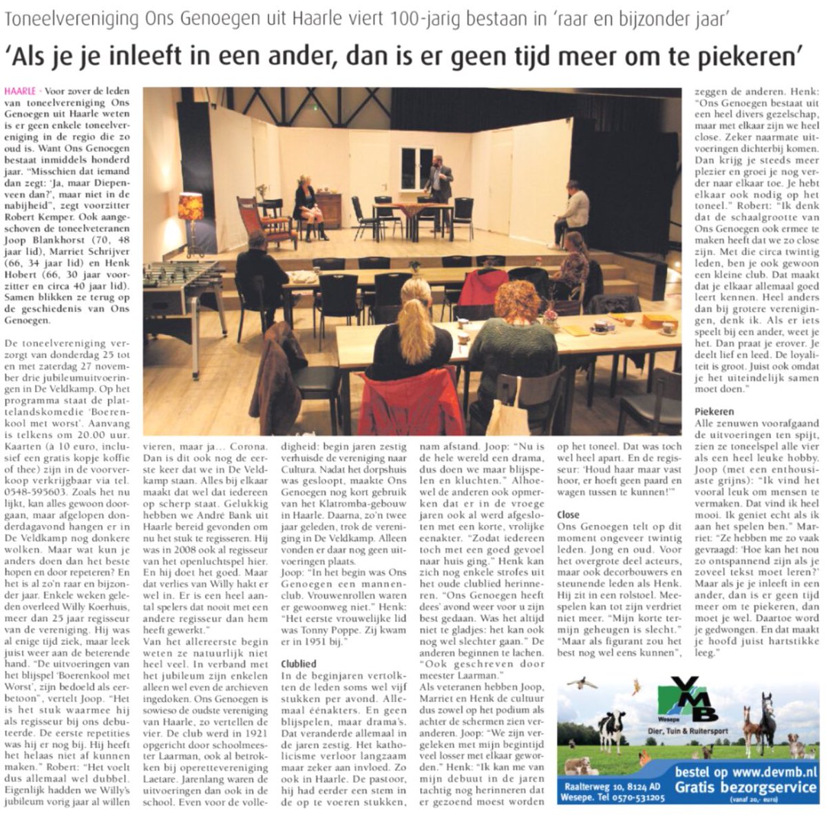 Gelukkig blijven de theaters open. Volgende week drie avonden de jubileumvoorstelling van Ons Genoegen #Haarle. Komt dat zien!