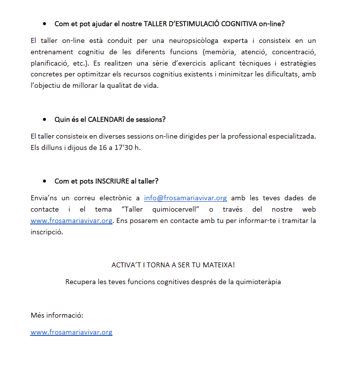 HospitalReus's tweet photo. Taller virtual ✍️ d’estimulació cognitiva "ACTIVA’T I VENÇ L’EFECTE QUIMIOCERVELL", de la Fundació Rosa Maria Vivar, adreçat a pacients afectats de deteriorament cognitiu postquimioteràpia.

📆 Dilluns i dijous de 16 a 17.30 h 
👉 Informa’t i inscriu-te a https://t.co/PgdPon8zyr https://t.co/Yf66t0tQUt