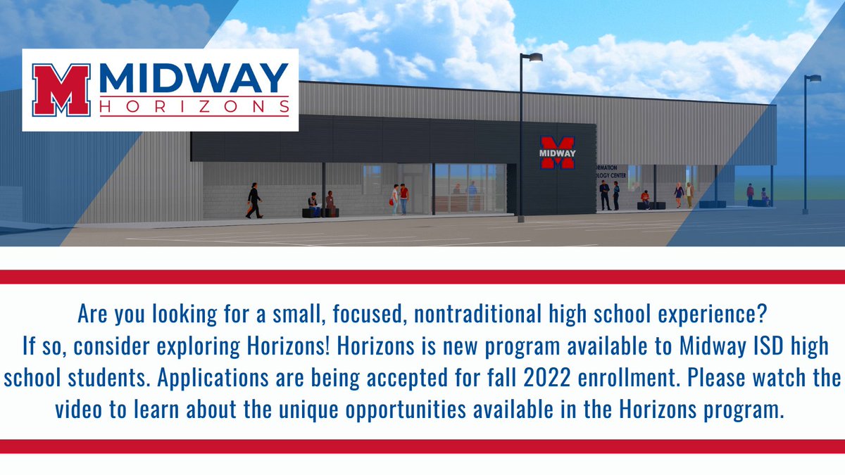 Midway_Horizons's tweet photo. We are excited to begin previewing the Horizons program! Please click here to watch a short informational video about this new and exciting opportunity available to Midway High School students! https://t.co/85B0fbilpC https://t.co/UhcR8Y2jBp