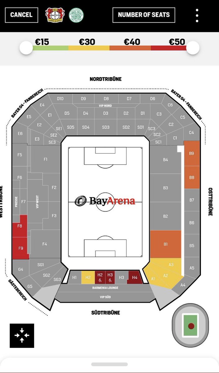 Anyone still looking for Leverkusen away tickets - general sale on their website, they’ve opened extra sections (F9 and F8) next to the away end for Thursday, away fans in the south west corner and lots of Celtic fans in F4 and F9 - £45 each