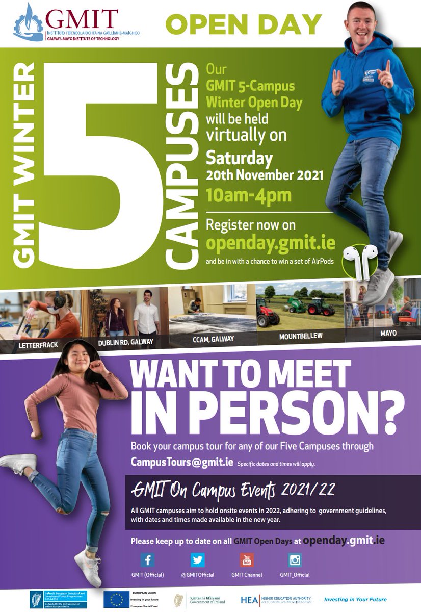 ATUConnect's tweet photo. #GMITnews GMIT's Winter Open day will be held virtually this Saturday 20th of November. Register now on https://t.co/YO63bUCAP2. The Access and Participation Office will be presenting on HEAR, Scholarships and GMIT Access Routes #GMITOpenDay https://t.co/BimrYhn9Vm