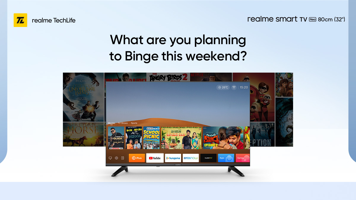 realmenarzoIN's tweet photo. The weekend is right around the corner and so is unlimited entertainment.
Tell us what are you planning to binge watch this weekend on the #realmeSmartTVNeo!
#SmarterIsBetter
Available on https://t.co/n3vAbwuqXx & @Flipkart.
Buy now: https://t.co/ptHRxtsjhA https://t.co/r2fZLZGFAF