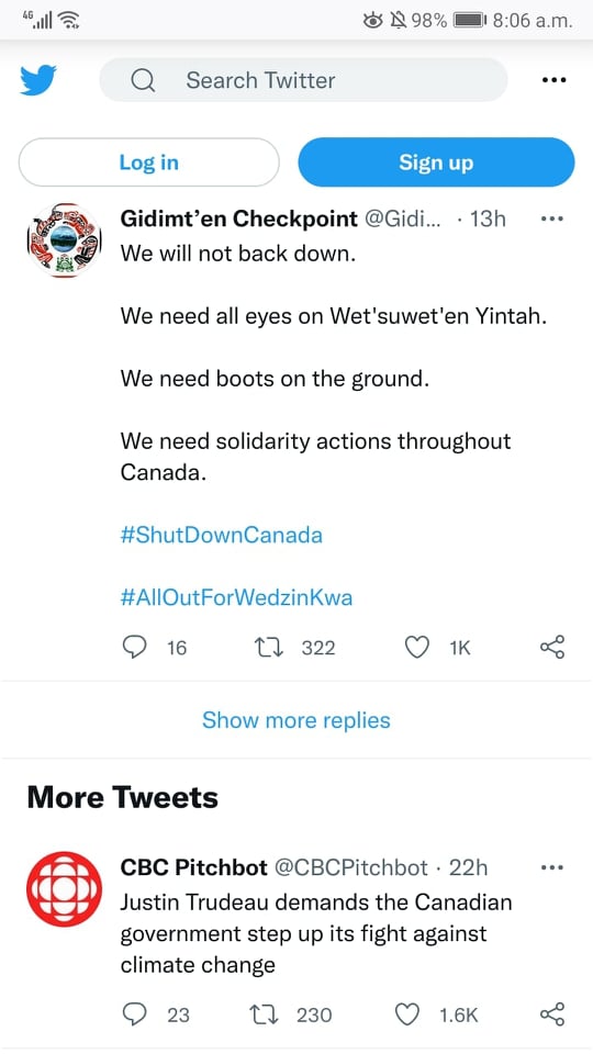 Writer_Rayna's tweet photo. In the middle of a climate emergency in BC, the RCMP have been deployed BY Trudeau to forcefully remove Wet'suwet'en people from their homes to build a pipeline. I guess climate change isn't a priority. #ShutDownCanada #AllOutForWedzinKwa #StoptheRCMP https://t.co/sInGYXccYc