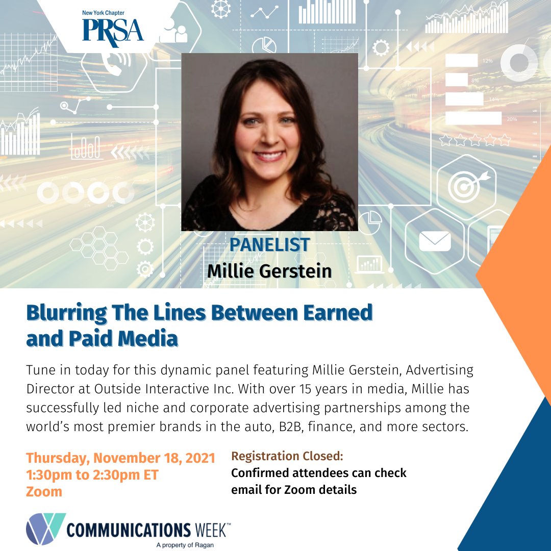 prsany's tweet photo. HAPPENING TODAY!
PRSA-NY and Communications Week will host "Blurring The Lines Between Earned and Paid Media" from 1:30pm to 2:30pm ET. Zoom in to hear from Millie Gerstein, Advertising Director, Outside Interactive.
#CommsWeek2021 #CommunicationsWeek #PRSANY https://t.co/XuGIW8FdC7