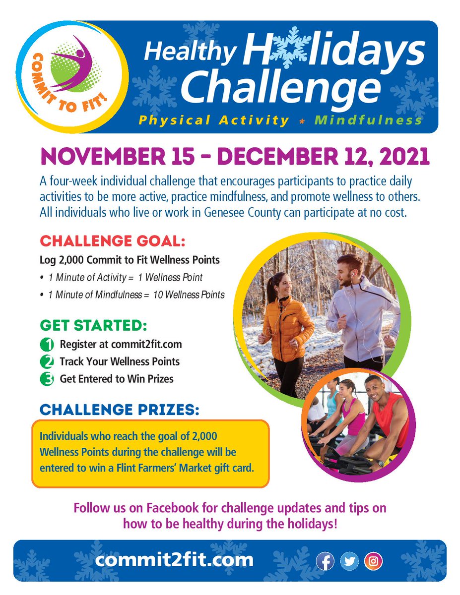 commit2fitflint's tweet image. The Commit to Fit Healthy Holidays Challenge is happening now! Log your healthy behaviors at commit2fit.com for your chance to win great prizes!

Commit to Fit is a program of the #GreaterFlintHealthCoalition.