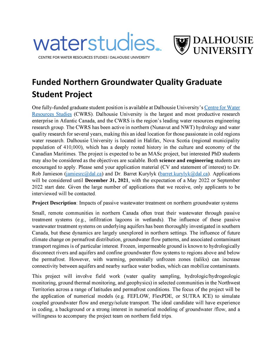 Barret Kurylyk (@dalhydro) on Twitter photo We are seeking a new grad student passionate about groundwater, permafrost, and water quality. Interest/experience in numerical modeling and coding an asset. MSc or PhD. <a href="/WaterStudies/">Water Studies</a> We are seeking a new grad student passionate about groundwater, permafrost, and water quality. Interest/experience in numerical modeling and coding an asset. MSc or PhD. <a href="/WaterStudies/">Water Studies</a>