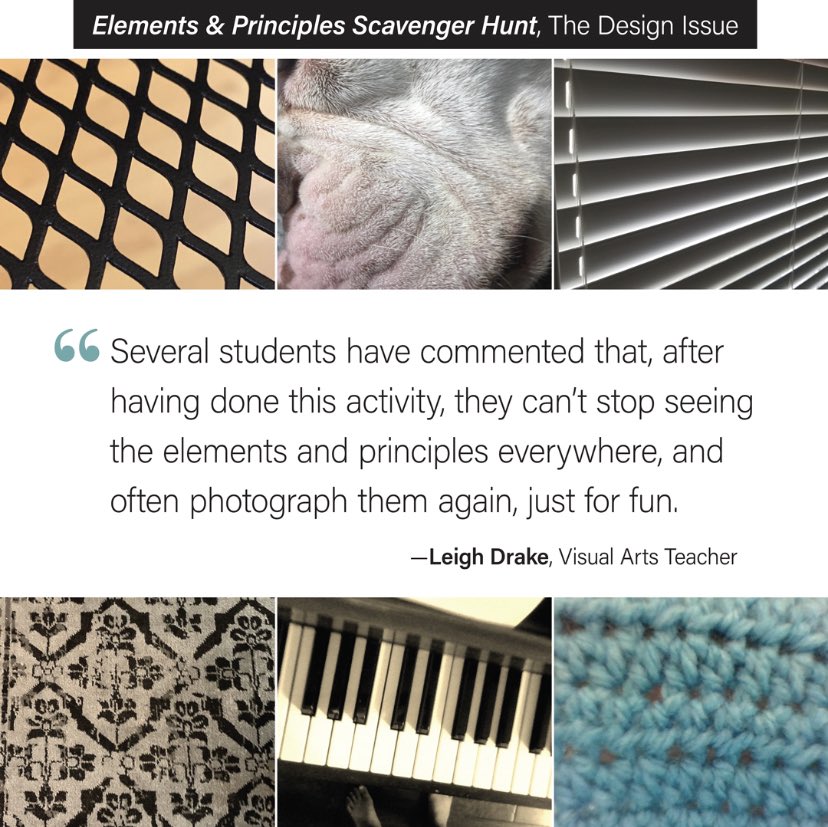 SchoolArts's tweet photo. Elementary students capture the elements of art and principles of design through digital photography in Elements &amp; Principles Scavenger Hunt. Read the article now in our latest December issue. https://t.co/EuNFfMMCUE