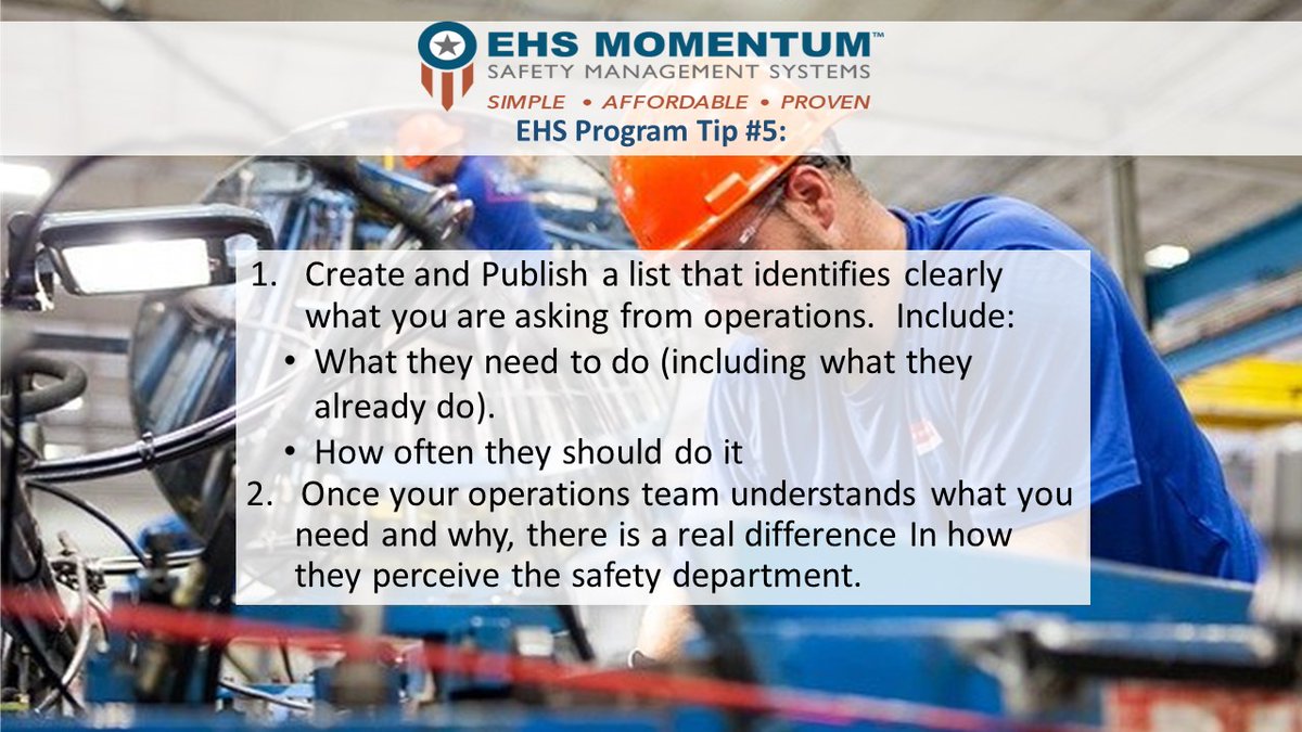 #EHS_Program Tip No. 5: Create &amp; publish a list that clearly identifies your requirements from operations. This will help achieve your goals while increasing company #Productivity &amp; #profitability. Learn more at bit.ly/3EnW3h9 
 #EHS #safety #profits #EHSMomentum